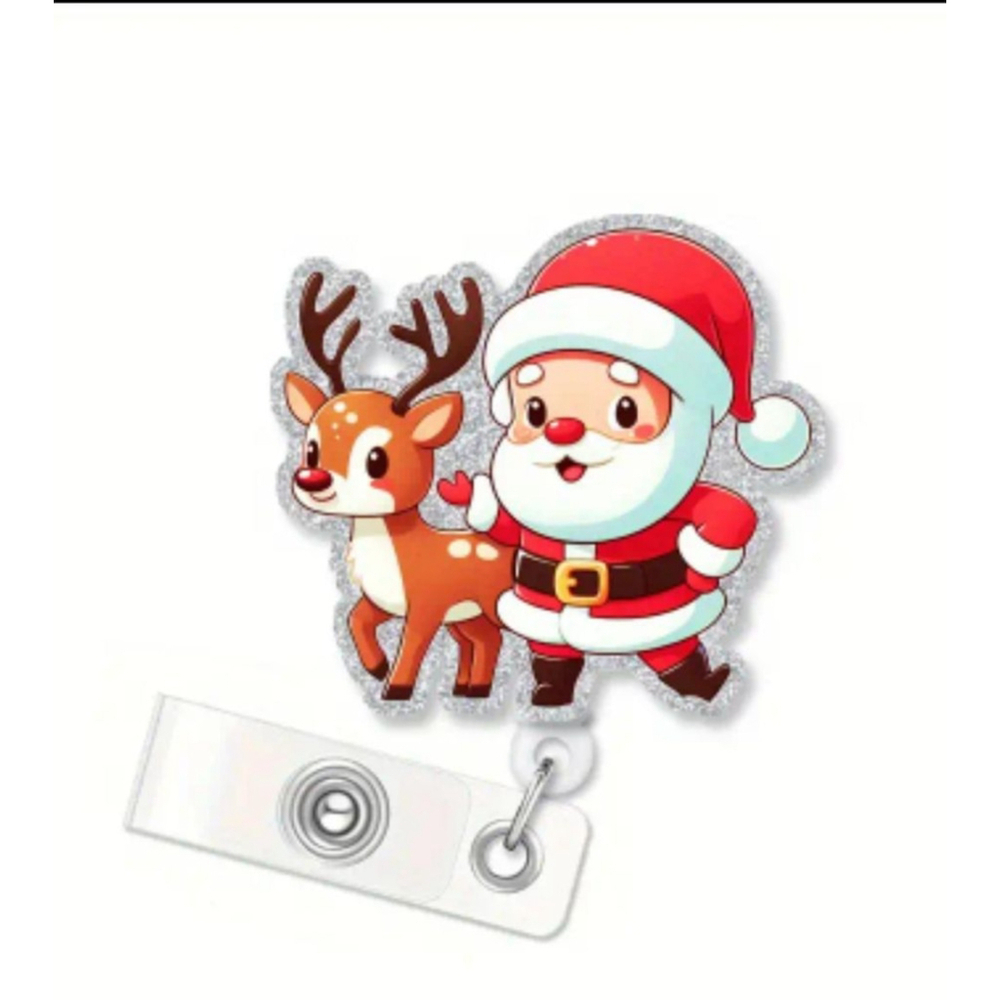 Christmas Santa Reindeer Badge Holder Red Silver